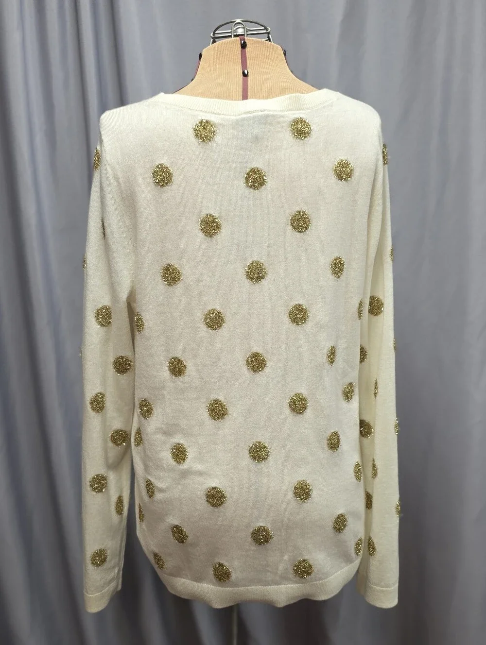 Talbot's Women's Cream Crewneck Sweater with Gold Tinsel Pom-Pom Dots